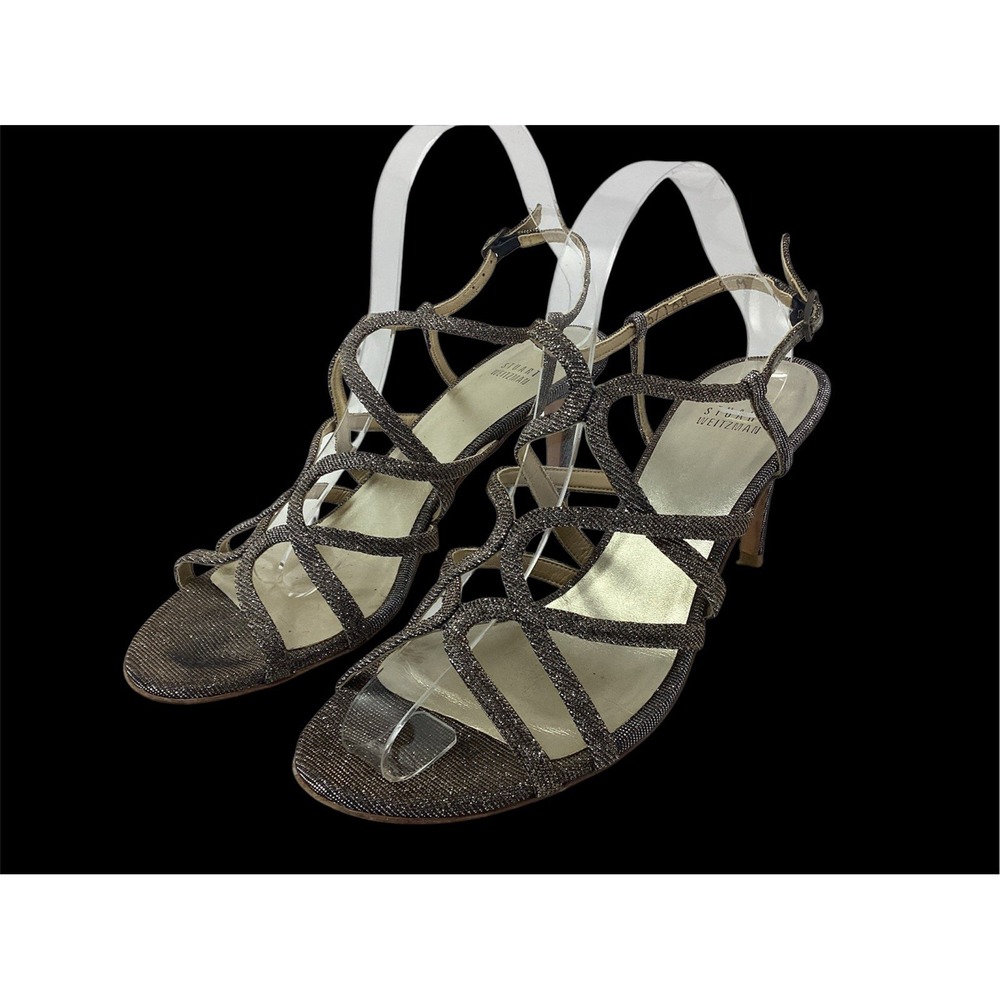 Stuart Weitzman Metallic Glitter Cage Strappy Heels 3" Stiletto Wedding Sz 9